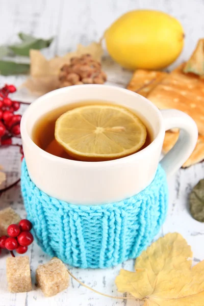 Φλιτζάνι τσάι με λεμόνι από κοντά — Φωτογραφία Αρχείου