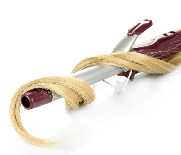 白で隔離されるカーリング鉄の巻き毛のブロンドの髪 — ストック写真