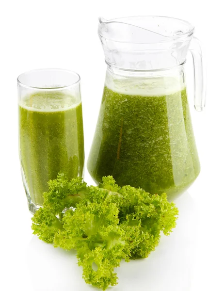 Glass and jug of green vegetable juice and salad isolated on white — Stock Photo, Image