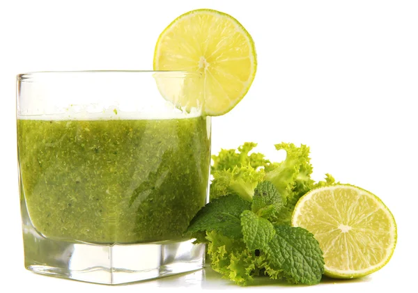 Glass of green vegetable juice and lime isolated on white — Stock Photo, Image