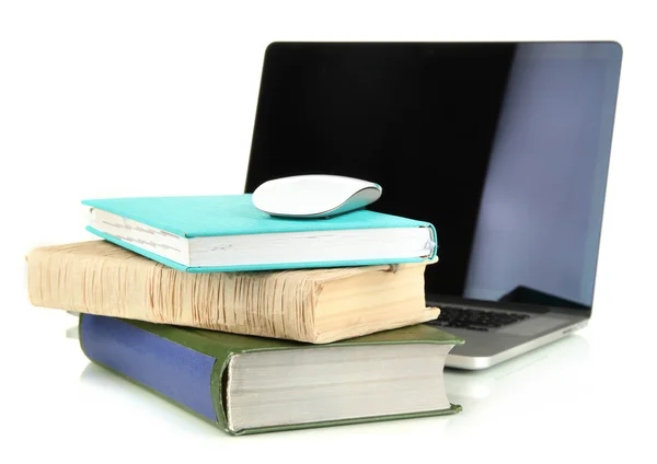 Computer mouse on books and notebook isolated on white — Stock Photo, Image