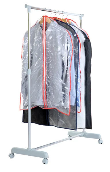 Office mannelijke overhemden in gevallen voor het opslaan op hangers, geïsoleerd op wit — Stockfoto