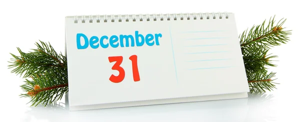 Nieuwjaar kalender en fir tree, geïsoleerd op wit — Stockfoto
