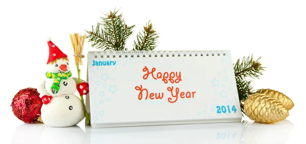 Calendar, New Year decor and fir tree, isolated on white — Stock Photo, Image