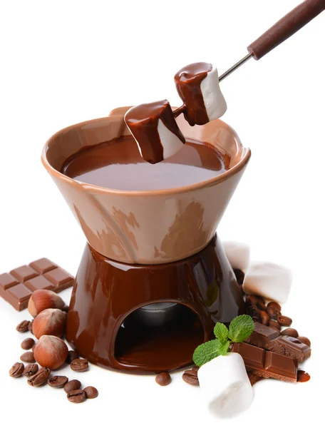 Chocolate fondue with marshmallow candies, isolated on white — Stock Photo, Image