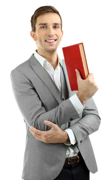 Jeune professeur avec livre isolé sur blanc — Photo