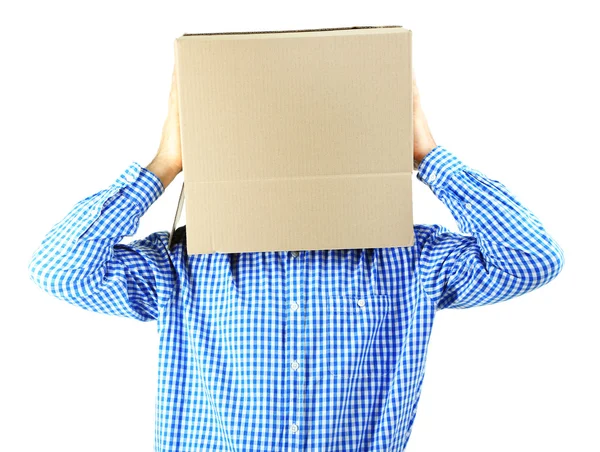 Muž s krabici na hlavě izolované na bílém — Stock fotografie