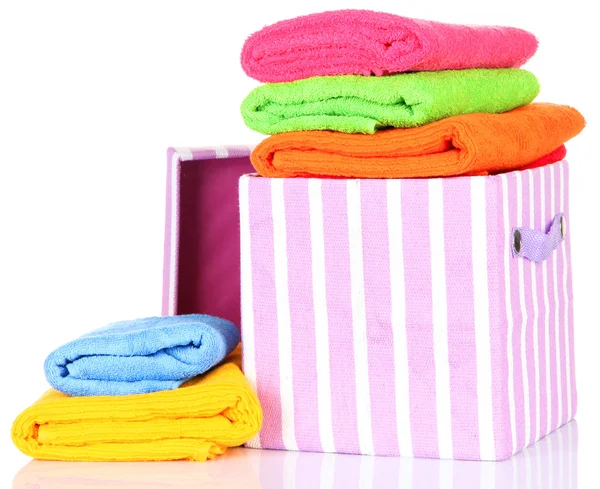 Textile box with bright towels, isolated on white — Stock Photo, Image