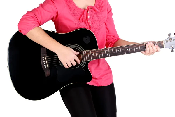 Akoestische gitaar in vrouwelijke handen, geïsoleerd op wit — Stockfoto