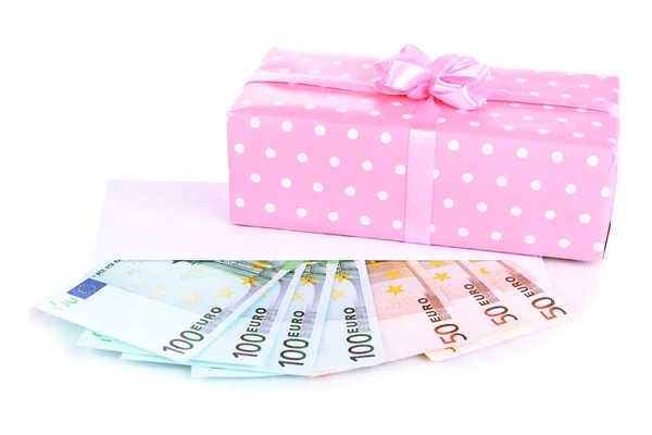 Gift box with money isolated on white — Stock Photo, Image