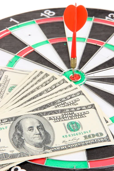 Dart on dartboard and money close up. Concept of success. — Stock Photo, Image