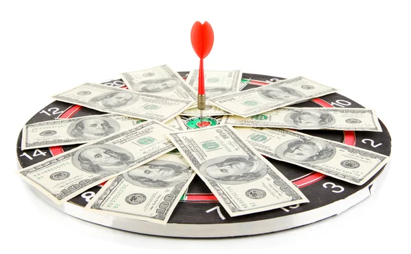 Dart on dartboard and money isolated on white. Concept of success. — Stock Photo, Image