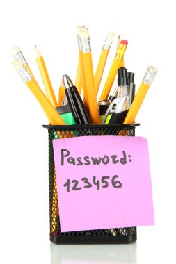 Password's reminder and office supplies, isolated on white clipart