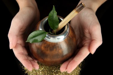 su kabakları ve bombilla siyah izole yerba dostum ile holding kadın eller