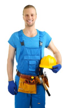 Genç foreman üzerinde beyaz izole portresi