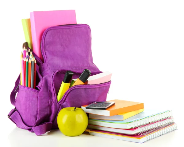 Mochila púrpura con material escolar aislado en blanco —  Fotos de Stock