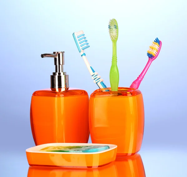 Bathroom set on blue background — Stock Photo, Image