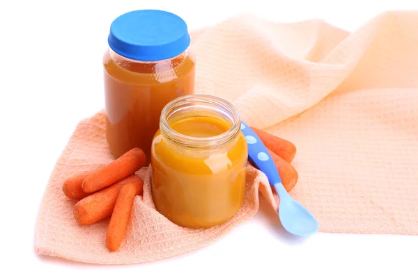 Jars of various baby food, isolated on white — Stock Photo, Image