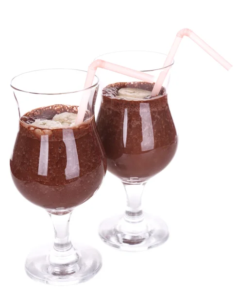 Cocktails with banana and chocolate isolated on white — Stock Photo, Image