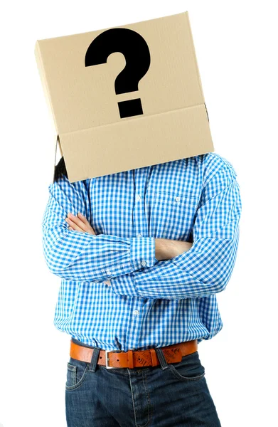 Hombre con caja de cartón en la cabeza aislado en blanco —  Fotos de Stock