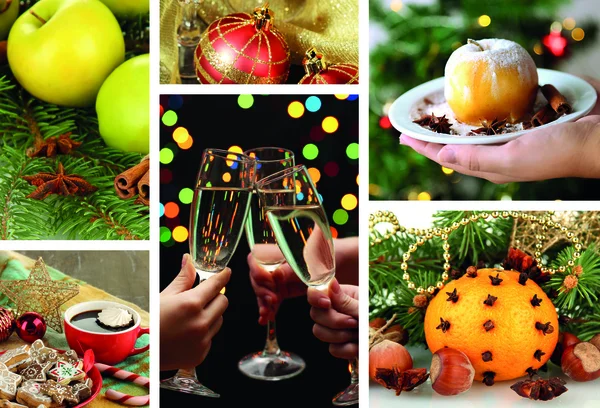 Collage de Navidad con sabrosa comida, bebidas y decoraciones —  Fotos de Stock