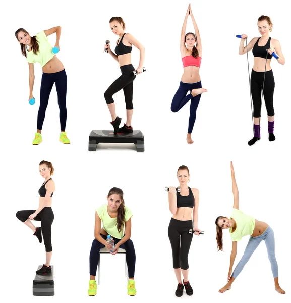 Young woman exercising collage isolated on white — Stock Photo, Image