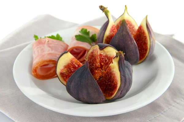 Tasty figs with ham, close up — Stock Photo, Image
