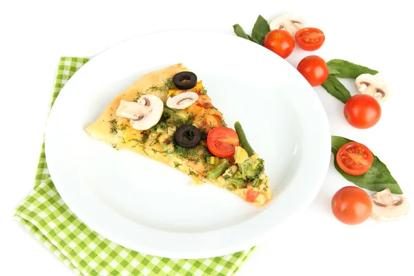 Slice of tasty vegetarian pizza and vegetables on plate, isolated on white — Stock Photo, Image