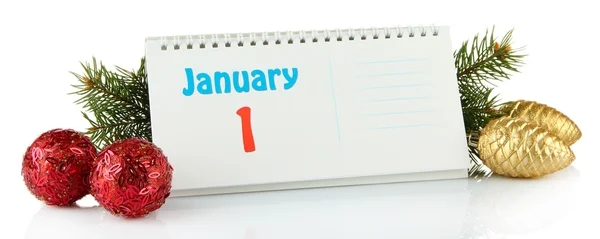 Calendario, Decoración de Año Nuevo y abeto, aislado en blanco —  Fotos de Stock