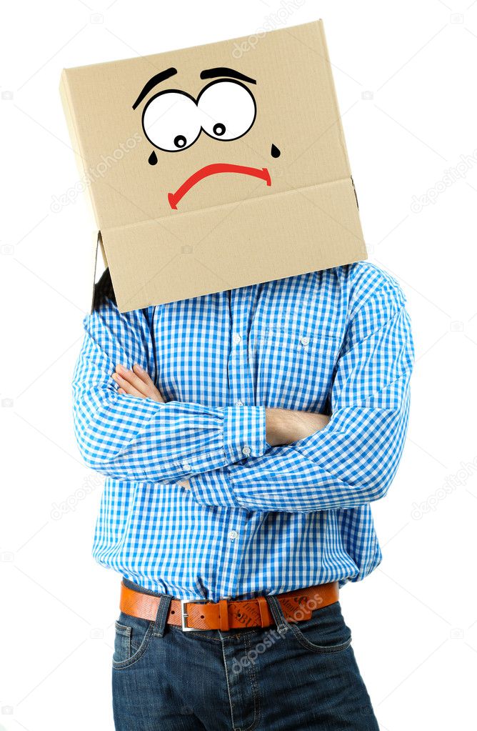 Man with cardboard box on his head isolated on white