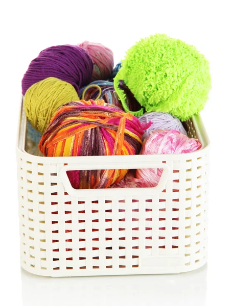 Plastic basket with yarn for knitting isolated on white — Stock Photo, Image