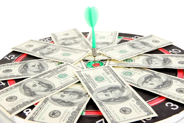 Dart on dartboard and money close up. Concept of success. — Stock Photo, Image