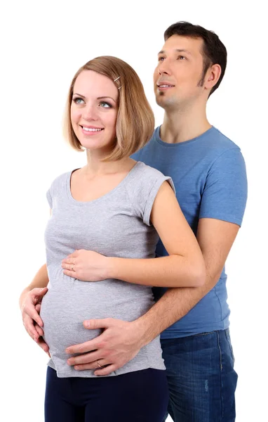 Młoda kobieta w ciąży z mężem na białym tle — Zdjęcie stockowe