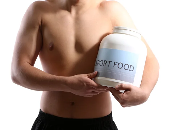 Handsome young muscular sportsman with protein food, isolated on white — Stock Photo, Image
