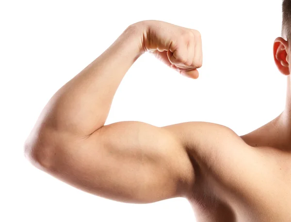 Jonge gespierde man hand met biceps, geïsoleerd op wit — Stockfoto