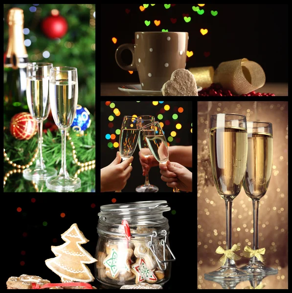 Kerstmis collage met lekker eten, drinken en decoraties — Stockfoto