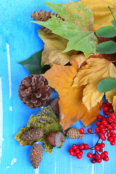 Cadre de feuilles d'automne sur table en bois close-up — Photo