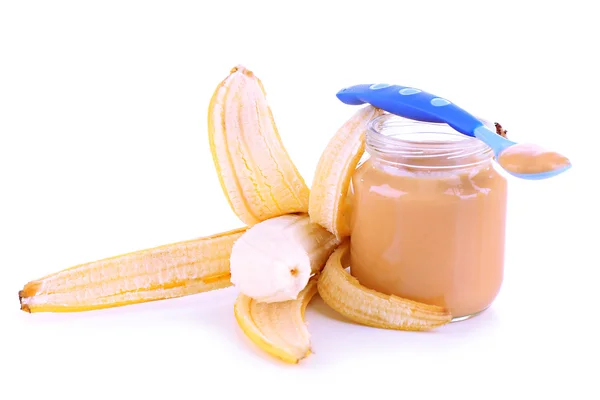 Frascos de comida para bebés con plátano, aislados en blanco — Foto de Stock