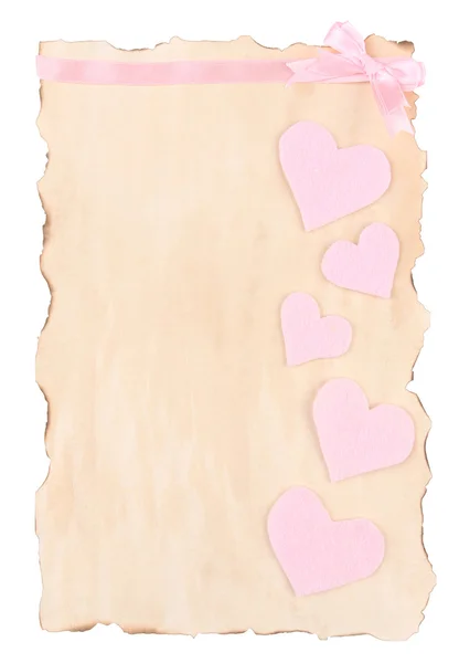 Krásný list papíru s dekorativní srdce, izolované na bílém — Stock fotografie