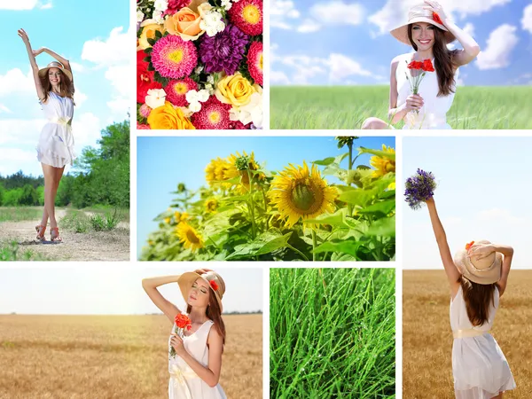 Colagem de menina de verão bonita e flores — Fotografia de Stock