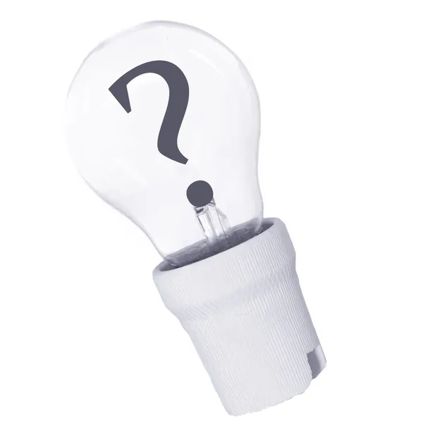 Frågetecken i glödlampa isolerad på vit — Stockfoto