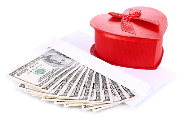 Caja de regalo con dinero aislado en blanco —  Fotos de Stock