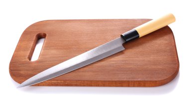 mutfak bıçağı ve üzerinde beyaz izole, ahşap kesme tahtası