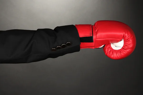 Empresario en guantes de boxeo sobre fondo gris — Foto de Stock