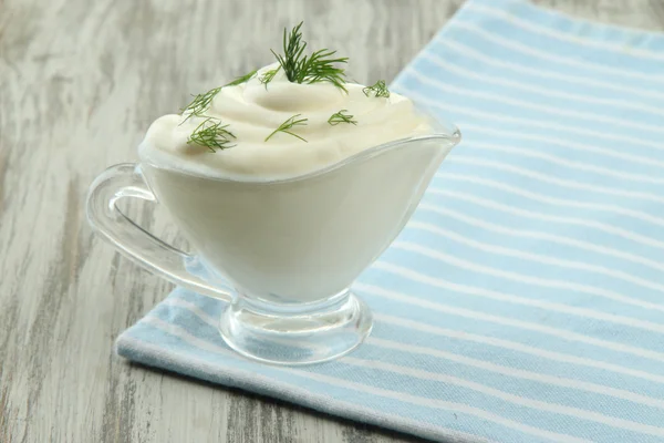 Sour cream on table close-up — Stock Photo, Image