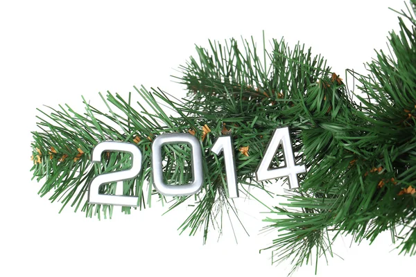 2014 挂在圣诞树上特写上白色孤立 — 图库照片