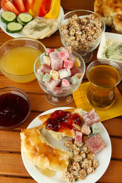 Traditional Turkish breakfast on table close up — Stock Photo, Image
