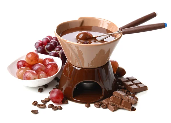Chocolate fondue with fruits, isolated on white — Stock Photo, Image