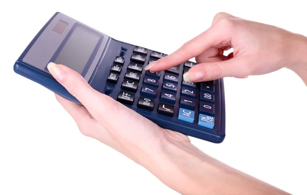 Vrouwelijke handen met digitale rekenmachine geïsoleerd op wit — Stockfoto