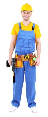 erkek üzerinde beyaz izole sarı kask oluşturucu